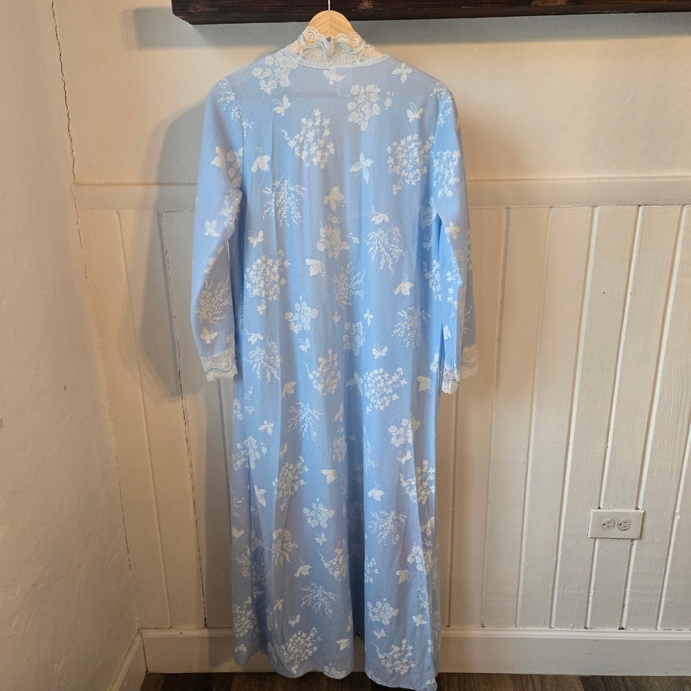 Vintage 60s Robe Womens Large Light Blue Floral Butterfly Lace Duster Peignoir‎ - Picture 2 of 7